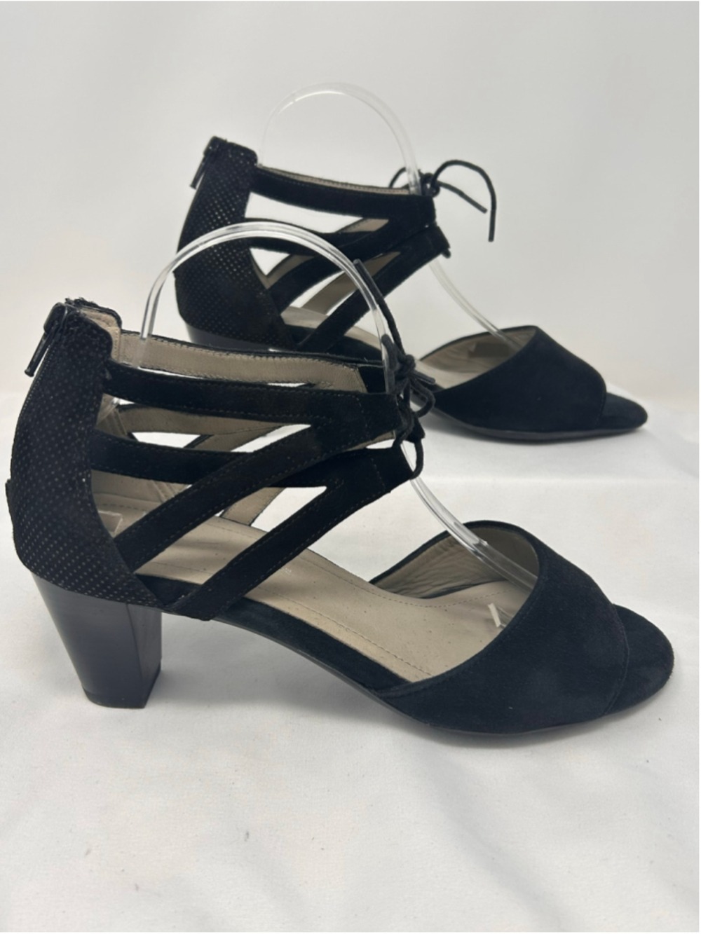Ara Racquel Black Suede Caged Peep Toe Dress Sandals Size 7.5